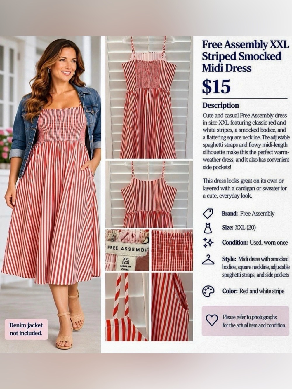 Free Assembly Striped Smocked Midi Dress Striped Midi Dress in Red & White Size